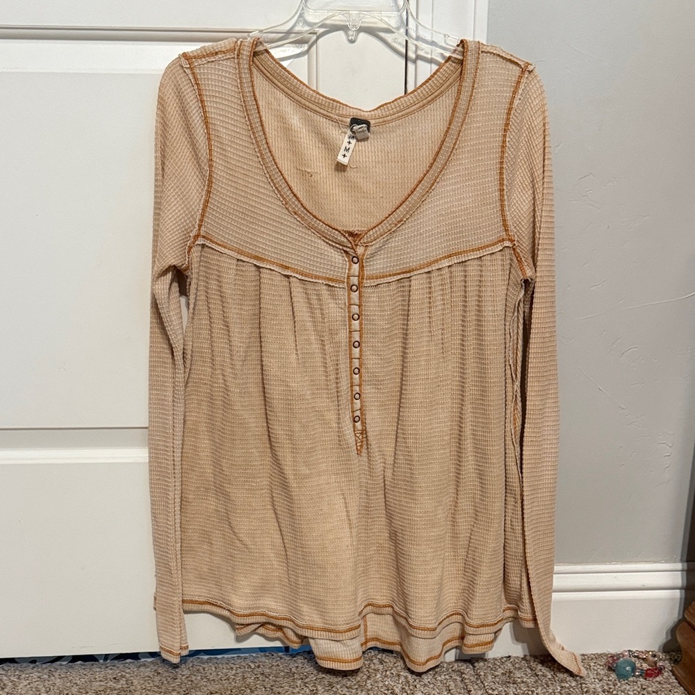 We The Free Beige Long Sleeve Button-Down Top